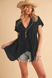 Aemi + Co Tuck Detail V-Neck Short Sleeve Blouse in Black