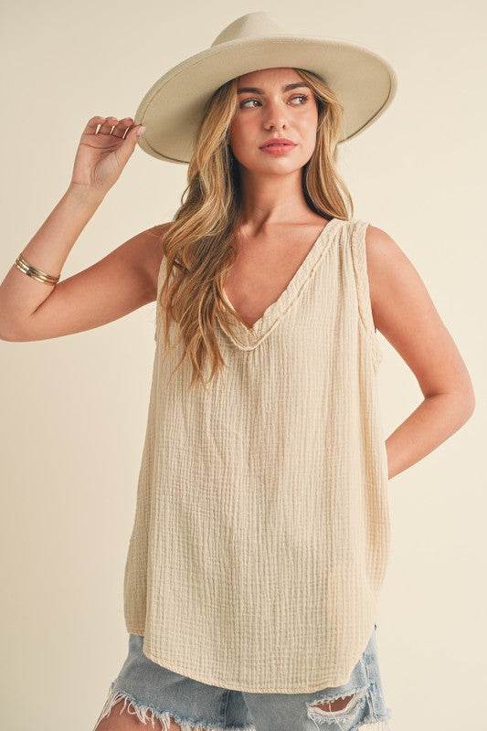 Aemi + Co V-Neck Wide Strap Tank in Oatmeal in Oatmeal - us.meeeshop