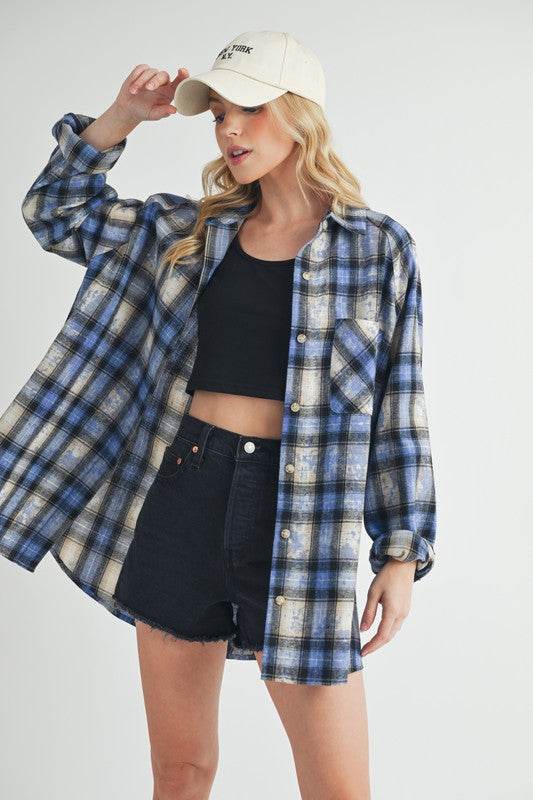 Aemi + Co Washed Plaid Button Up Raglan Sleeve Flannel Shirt - us.meeeshop