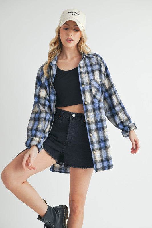 Aemi + Co Washed Plaid Button Up Raglan Sleeve Flannel Shirt - us.meeeshop