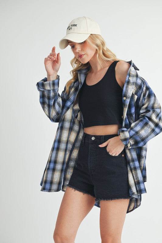 Aemi + Co Washed Plaid Button Up Raglan Sleeve Flannel Shirt - us.meeeshop