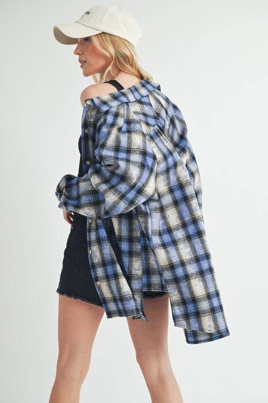 Aemi + Co Washed Plaid Button Up Raglan Sleeve Flannel Shirt - us.meeeshop