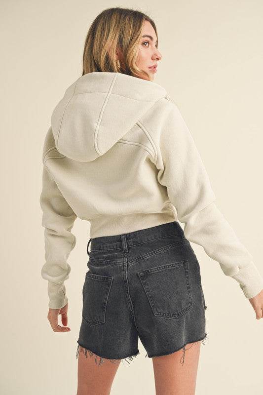 Aemi + Co Zip Up Raglan Sleeve Cropped Hoodie in Bone - us.meeeshop