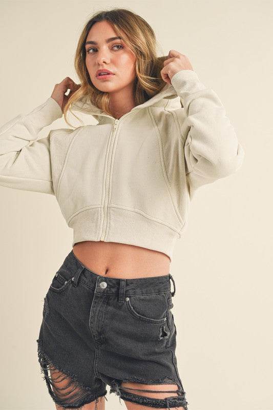 Aemi + Co Zip Up Raglan Sleeve Cropped Hoodie in Bone - us.meeeshop