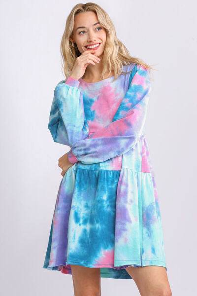 Umgee Tie Dye Round Neck Long Sleeve Babydoll Tiered Dress Plus Size - us.meeeshop