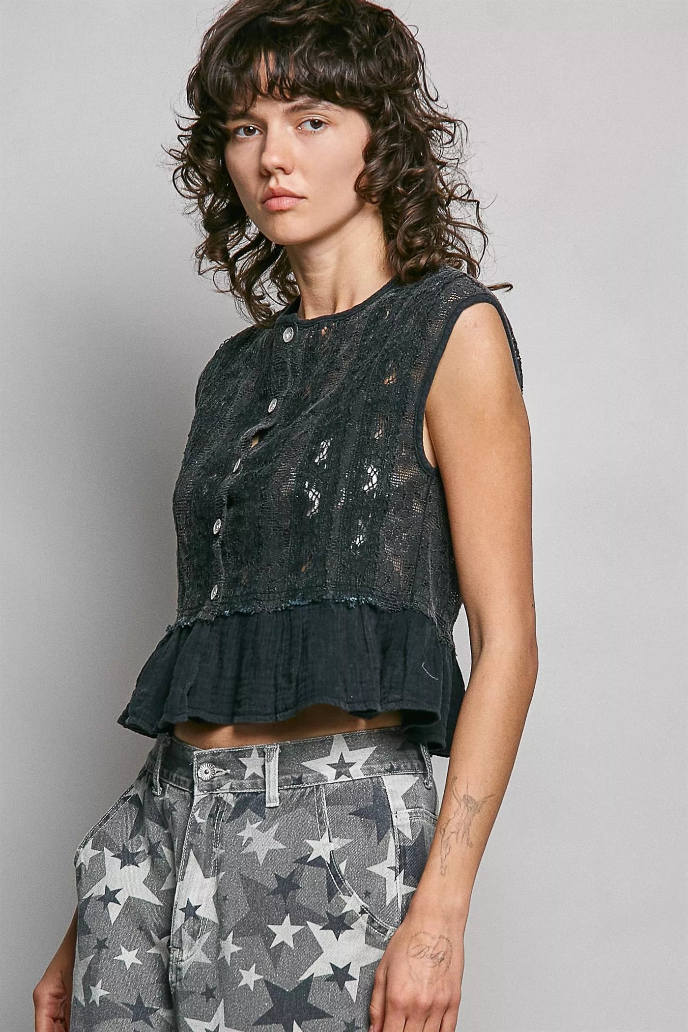 pol round neck Pol Round Neck Lace Sleeveless Top with Double Gauze Ruffle view 3 (top) - shop at us.meeeshop