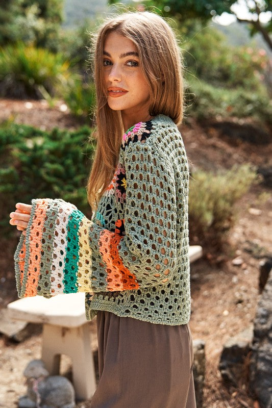 Davi & Dani Floral Crochet Striped Sleeve Cropped Knit Sweater | us.meeeshop