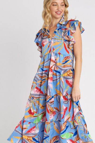 Umgee Leaf Print Double Layered Ruffle Sleeve Tiered Midi Dress Plus Size - us.meeeshop