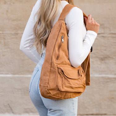 Aili's Corner Oversize Canvas Sling Bag in Camel view 2 - Large Canvas Bag