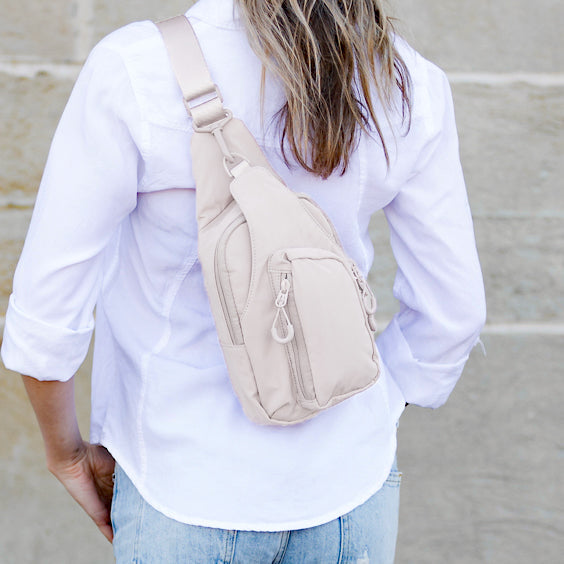 Aili's Corner Pippa Reversible Nylon Sling Bag in Almond view 2