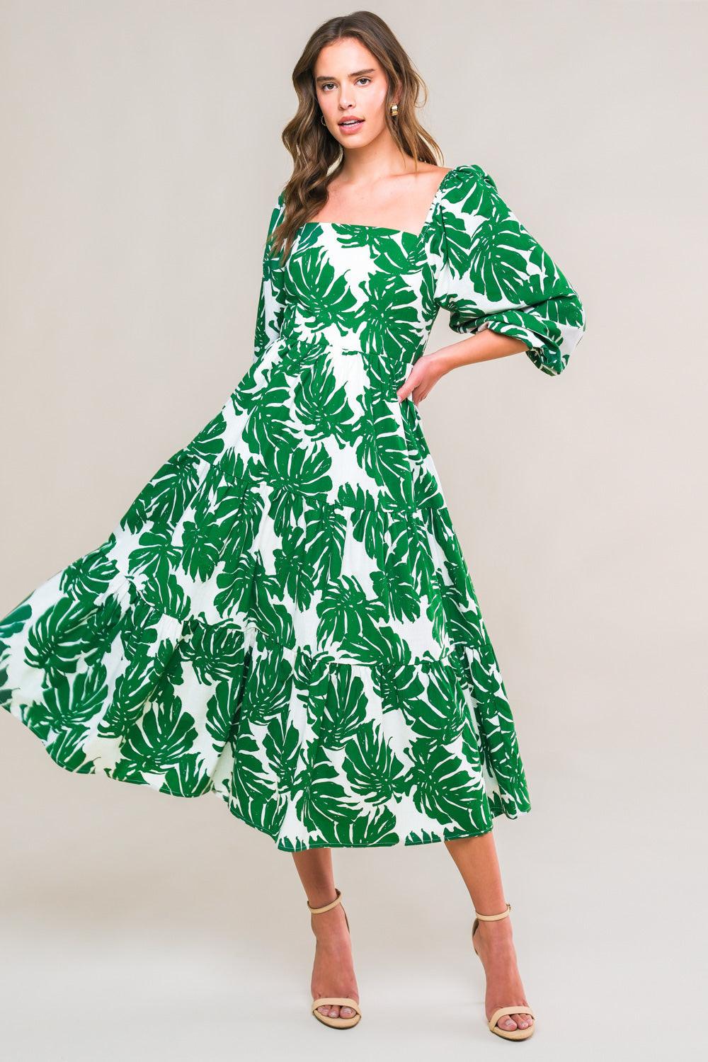 All the Drama Woven Midi Dress in GREEN IVORY view 2