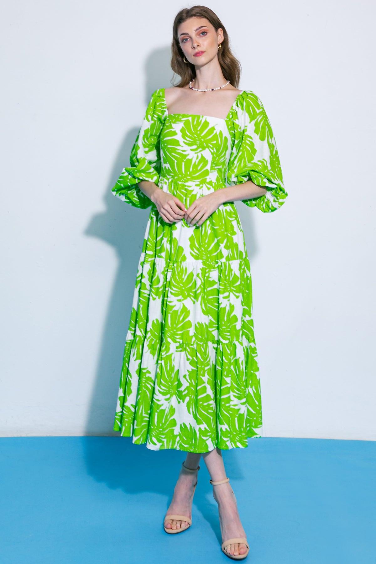 All the Drama Woven Midi Dress in GREEN IVORY view 3