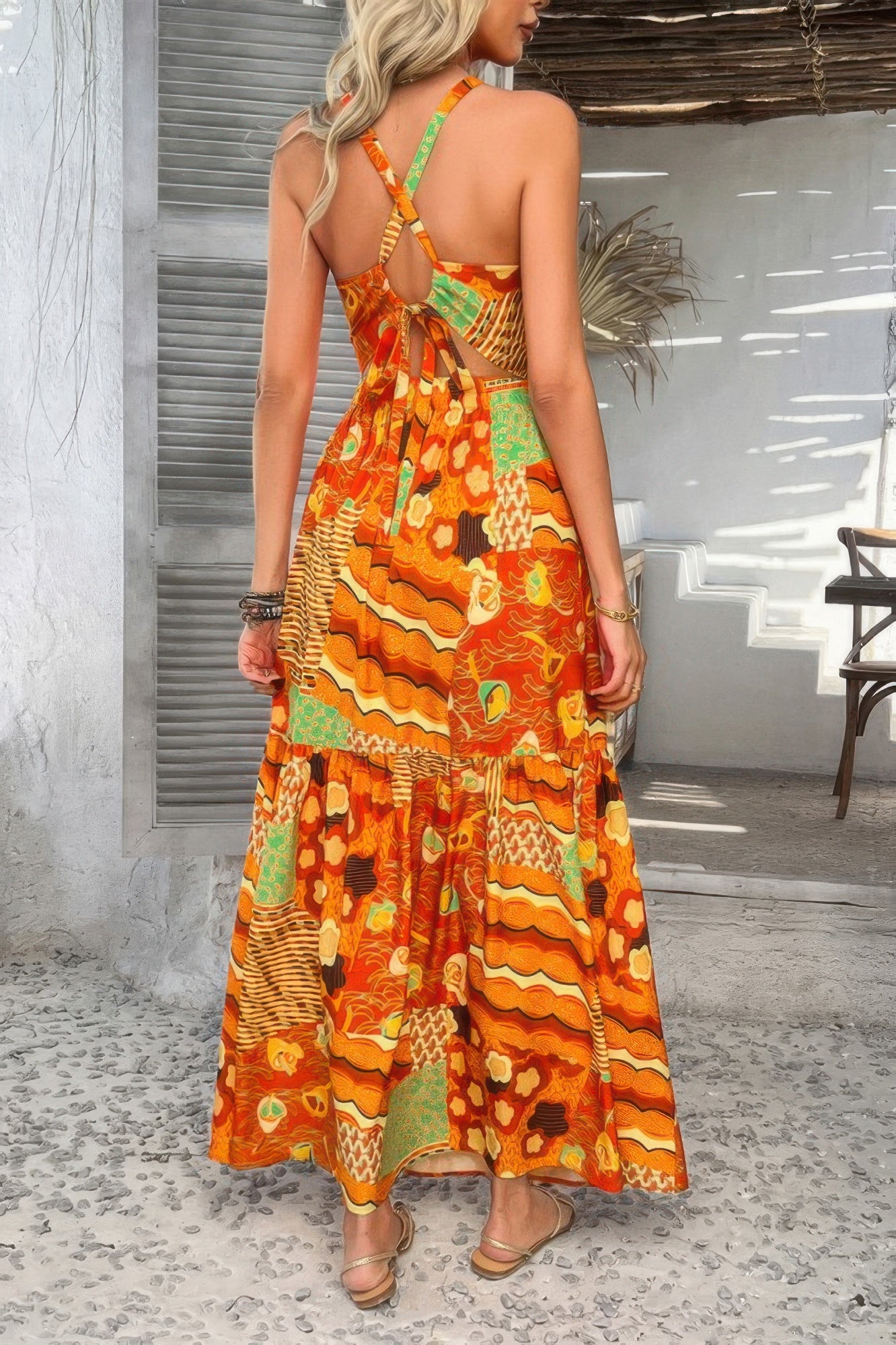 Allover Print Sleeveless Cross Back Cut Out Dress in Orange view 4 - Allover Print Dress Design