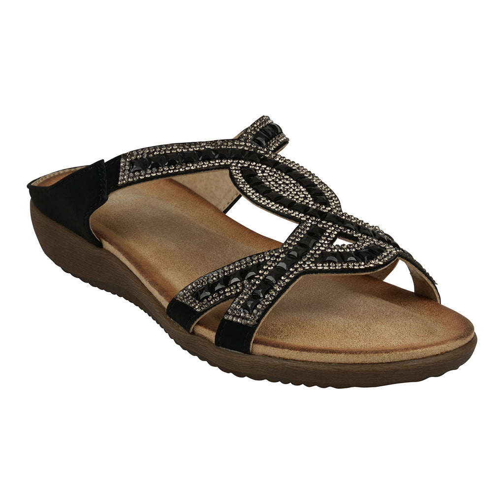 Alora Black Embellished Slide Flat Sandals Black (shoe) - flat sandals, slide flat sandals - shop at us.meeeshop