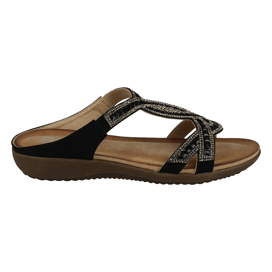 Alora Black Embellished Slide Flat Sandals Black view 2 (shoe) - flat sandals, slide flat sandals - shop at us.meeeshop