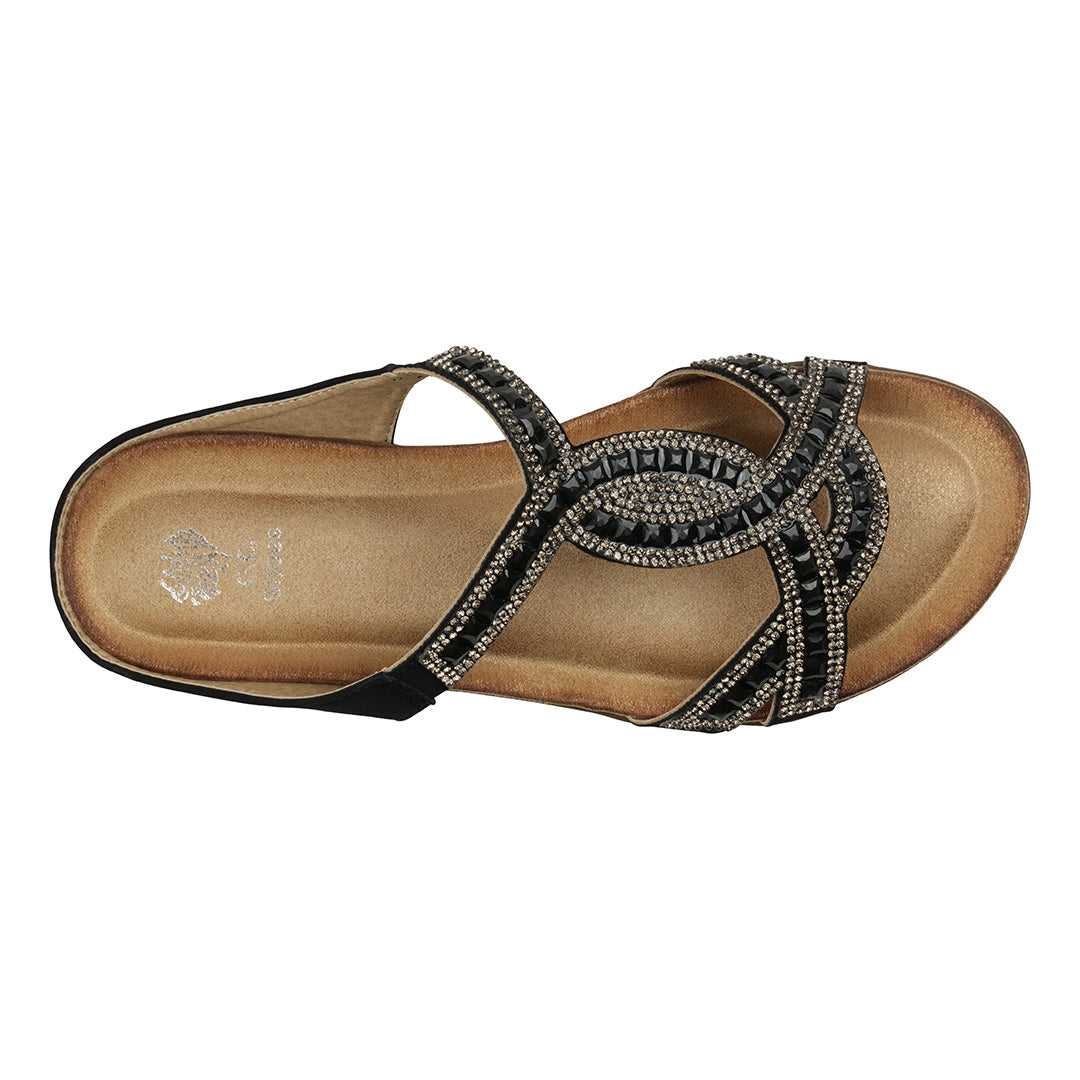 Alora Black Embellished Slide Flat Sandals Black view 5 (shoe) - flat sandals, slide flat sandals - shop at us.meeeshop