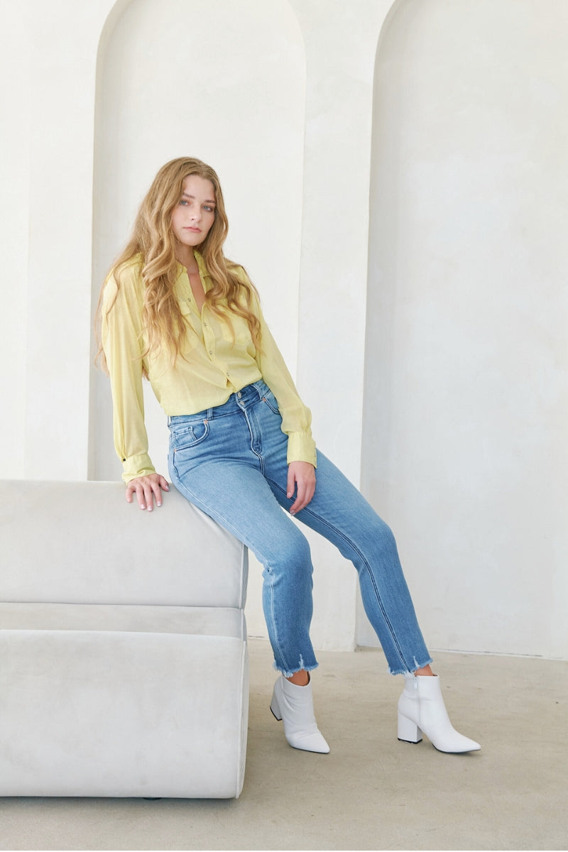 altitude heights corset Altitude Heights Corset Double Waistband Straight Frayed Hem Jeans view 4 (bottom) - shop at us.meees