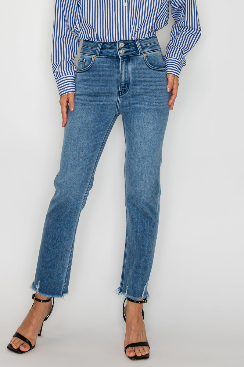 altitude heights corset Altitude Heights Corset Double Waistband Straight Frayed Hem Jeans view 6 (bottom) - shop at us.meees