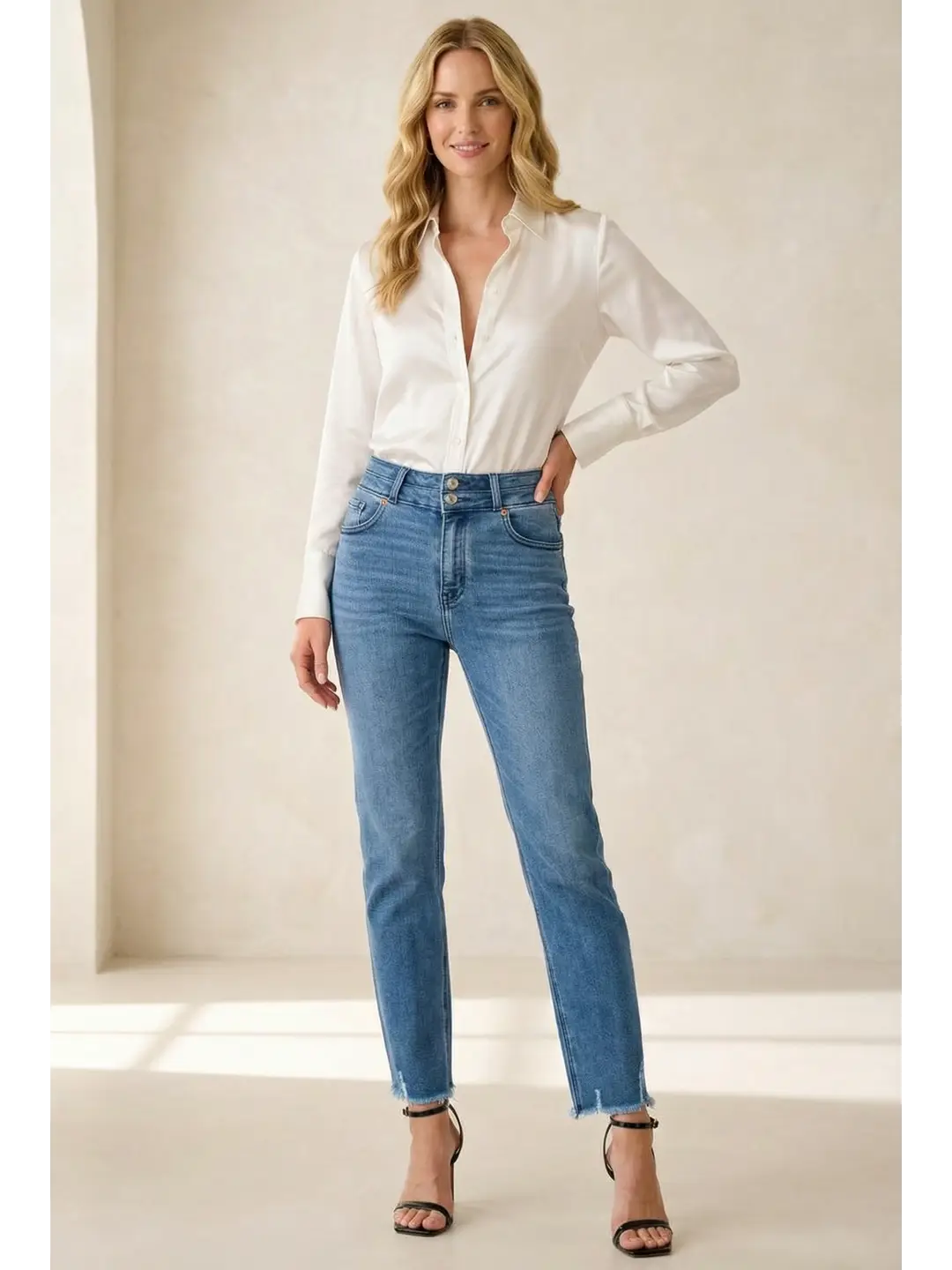 Altitude Heights Corset Double Waistband Straight Frayed Hem Jeans in 1 (24) (bottom)