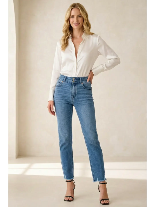 Altitude Heights Corset Double Waistband Straight Frayed Hem Jeans in 1 (24) (bottom)