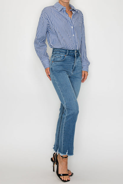 Altitude Heights Corset Double Waistband Straight Frayed Hem Jeans - MeeeShop Women's Fashion