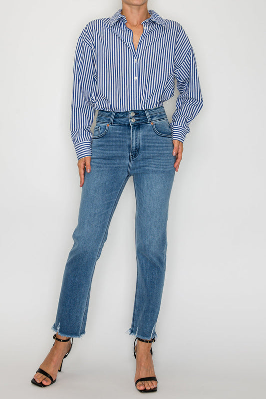 Altitude Heights Corset Double Waistband Straight Frayed Hem Jeans in 3 (25) view 2 (bottom)