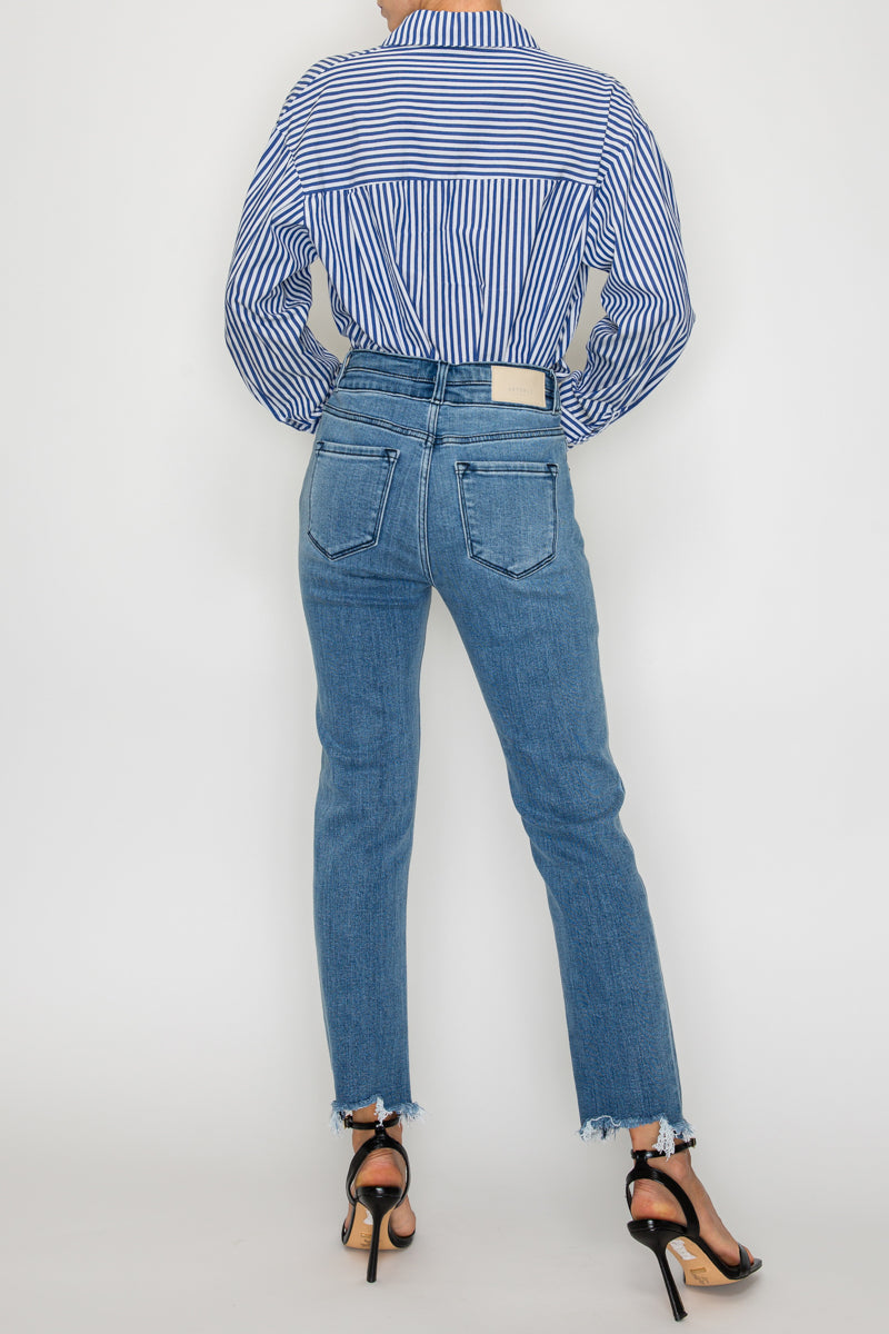 Altitude Heights Corset Double Waistband Straight Frayed Hem Jeans in 7 (27) view 4 (bottom)