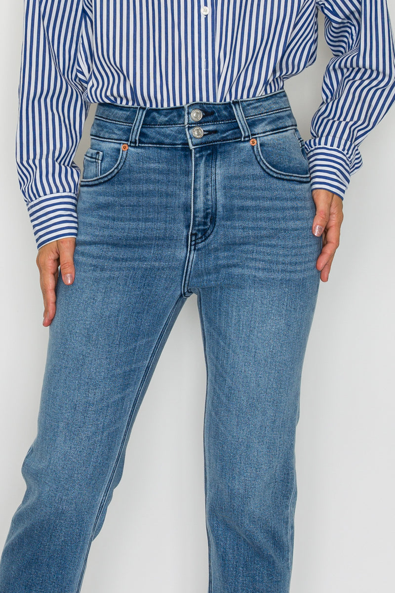 Altitude Heights Corset Double Waistband Straight Frayed Hem Jeans in 9 (28) view 5 (bottom)
