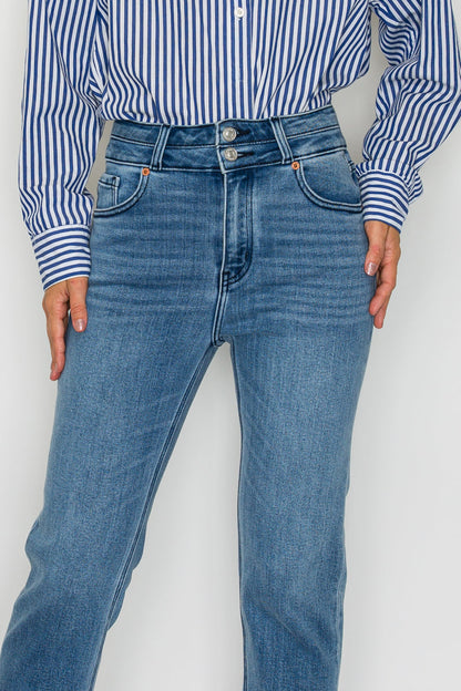 Altitude Heights Corset Double Waistband Straight Frayed Hem Jeans in 9 (28) view 5 (bottom)