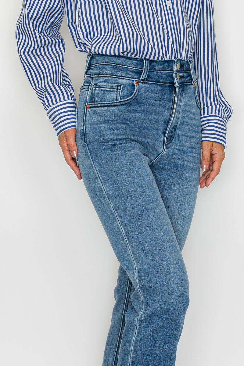 Altitude Heights Corset Double Waistband Straight Frayed Hem Jeans in 11 (29) view 6 (bottom)