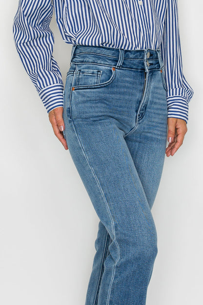 Altitude Heights Corset Double Waistband Straight Frayed Hem Jeans in 11 (29) view 6 (bottom)