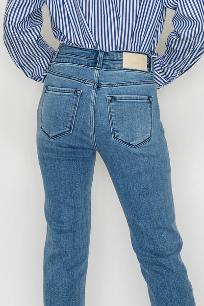 Altitude Heights Corset Double Waistband Straight Frayed Hem Jeans in 13 (30) view 7 (bottom)