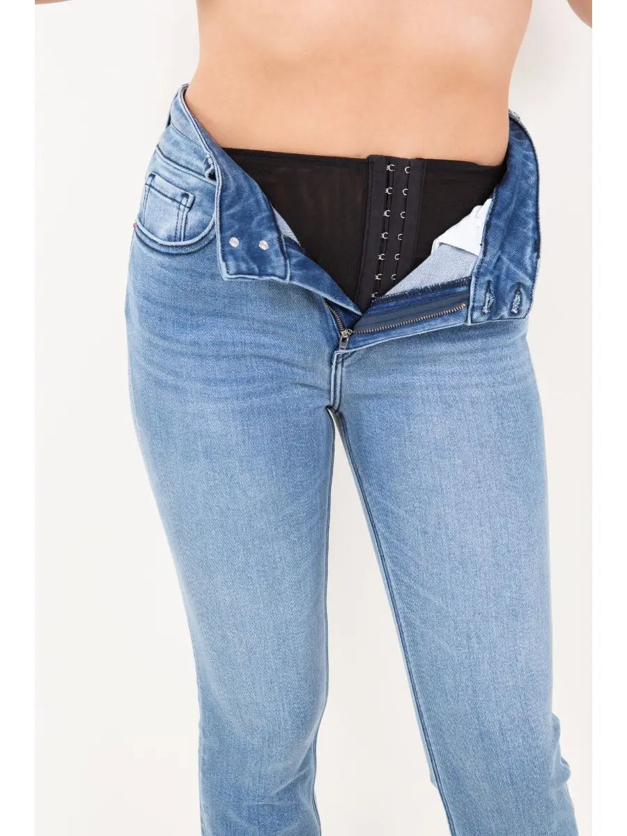 Altitude Heights Corset Double Waistband Straight Frayed Hem Jeans in 15 (31) view 8 (bottom)