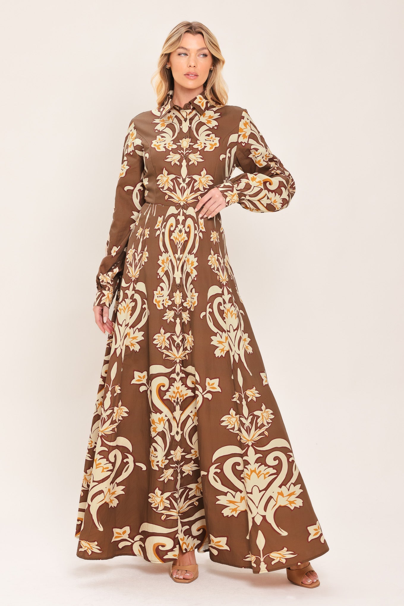 Amber Medallion Woven Shirt Maxi Dress in BROWN