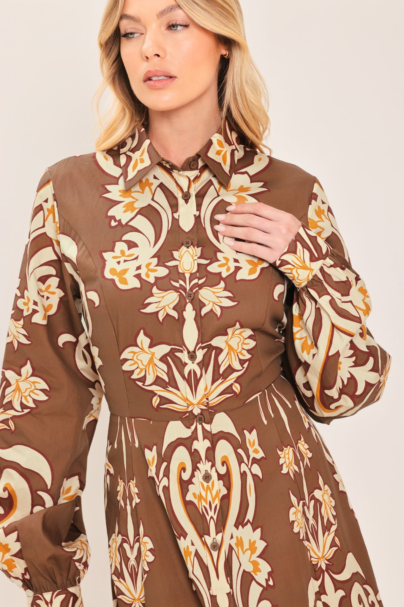 Amber Medallion Woven Shirt Maxi Dress in BROWN view 2