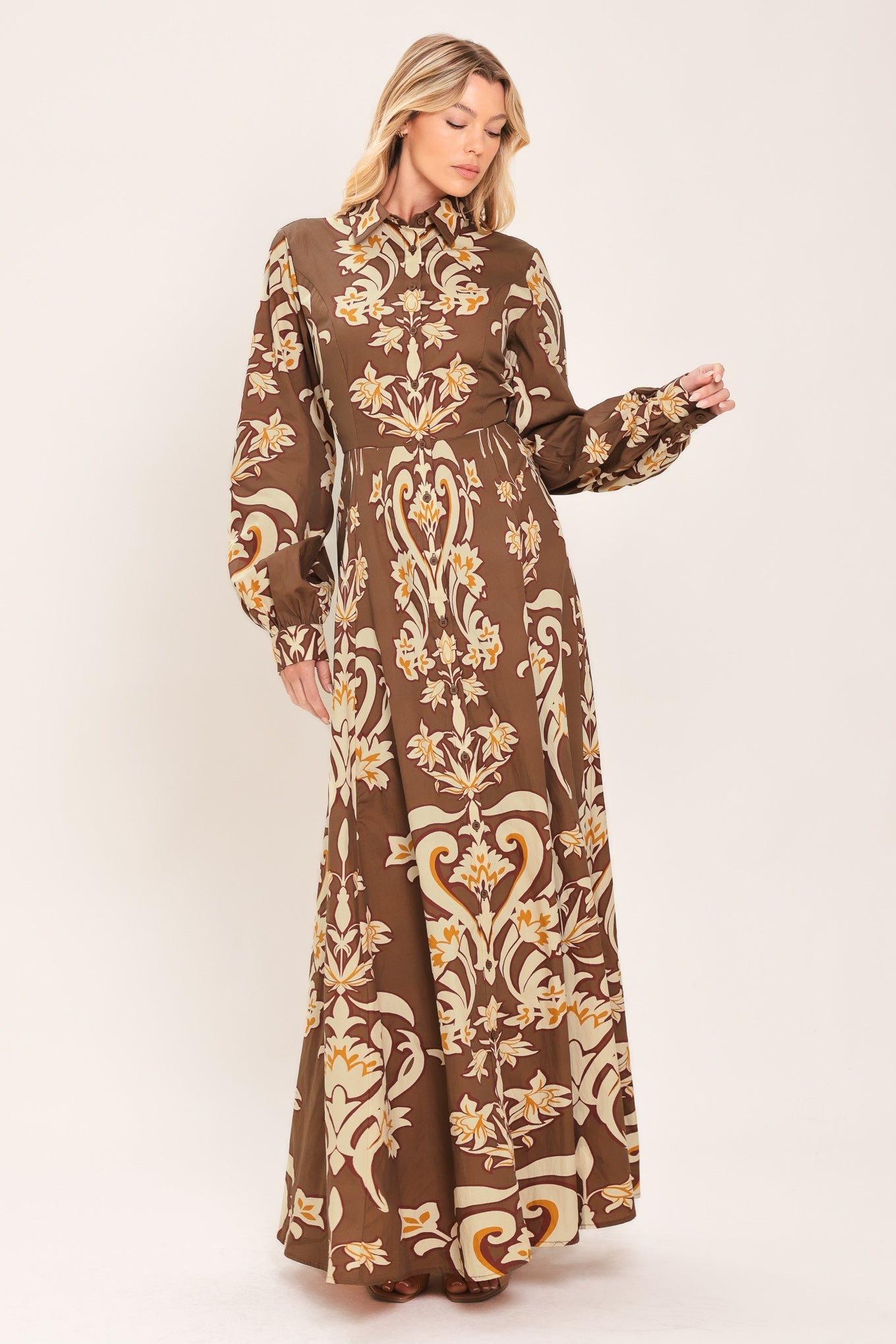 Amber Medallion Woven Shirt Maxi Dress in BROWN view 3