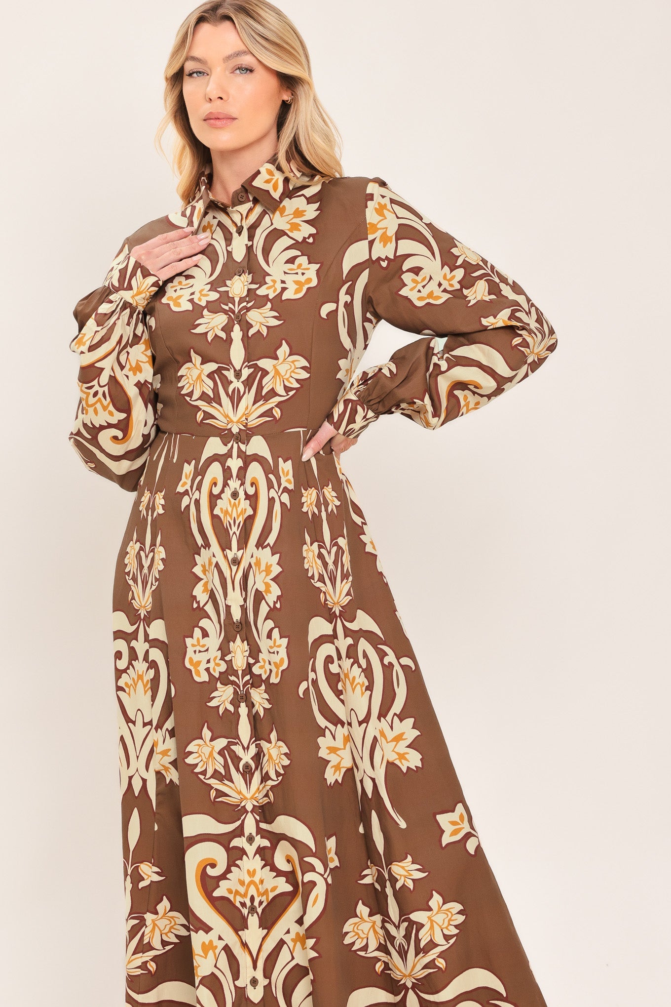 Amber Medallion Woven Shirt Maxi Dress in BROWN view 4
