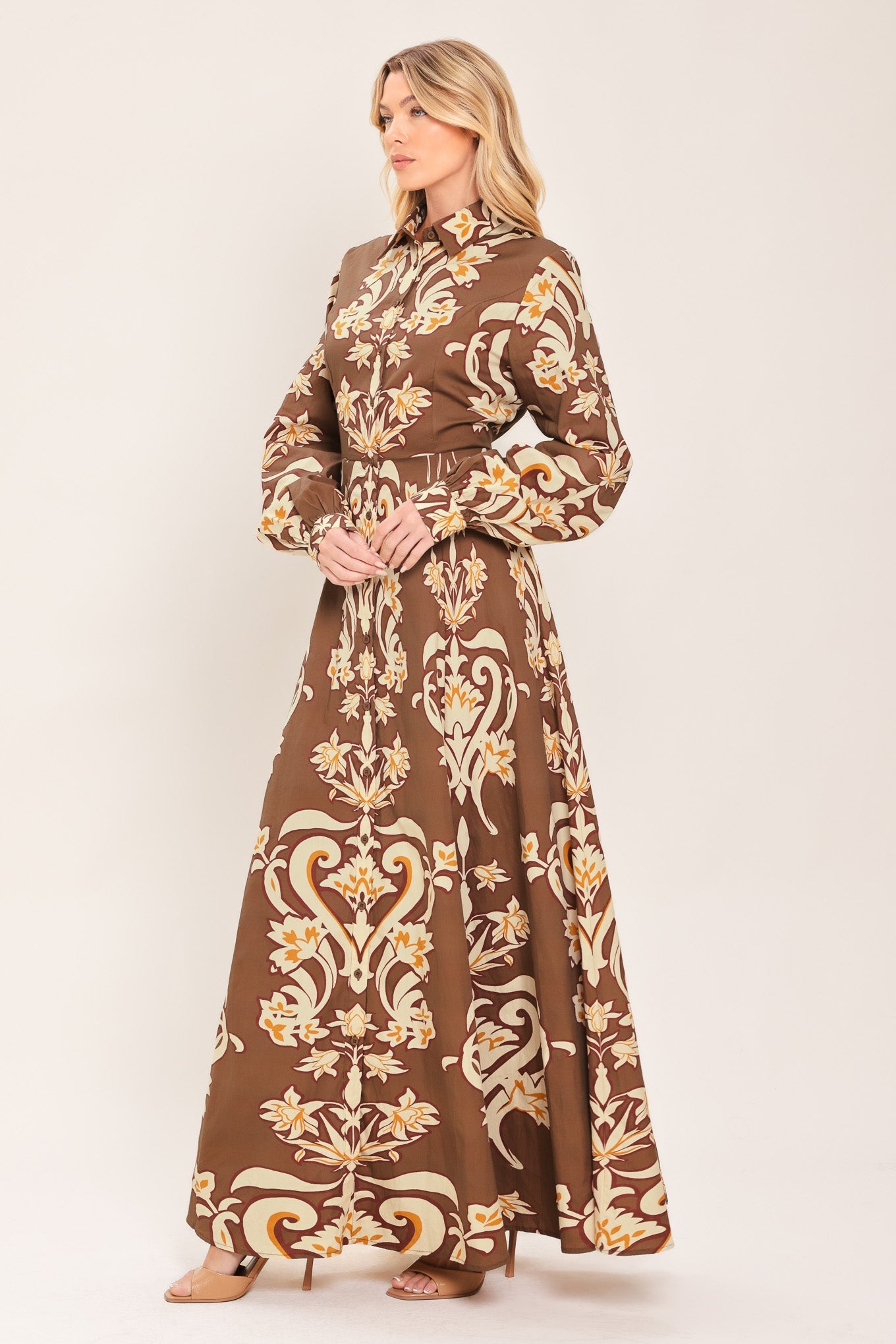 Amber Medallion Woven Shirt Maxi Dress in BROWN view 5