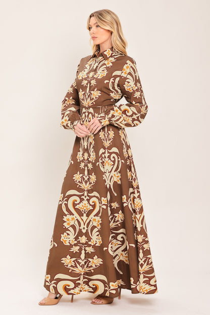 Amber Medallion Woven Shirt Maxi Dress in BROWN view 5