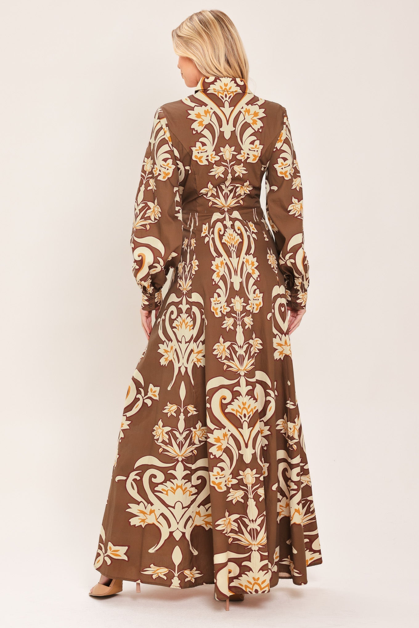 Amber Medallion Woven Shirt Maxi Dress in BROWN view 6
