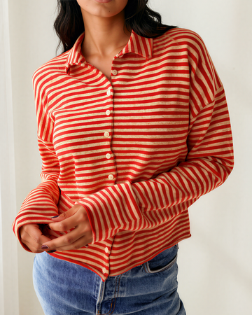 Amelia Striped Button Collar Long Sleeve Knit Cardigan Top in S - Fall Wardrobe Essential - Amelie Striped Cardigan