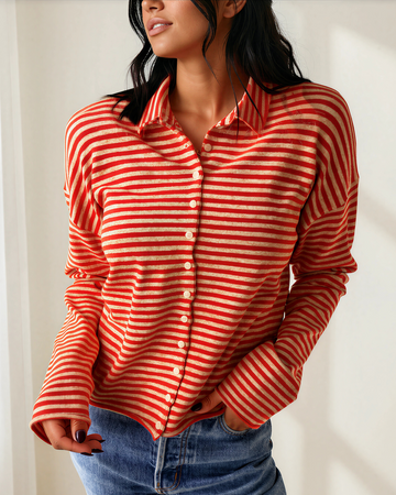 Amelia Striped Button Collar Long Sleeve Knit Cardigan Top in M view 2 - Fall Wardrobe Essential - Amelie Striped Cardigan