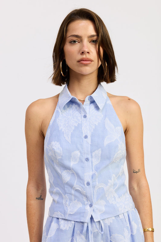 Anastasia Top in Blue Stripe Jacquard - Anastasia Topaz