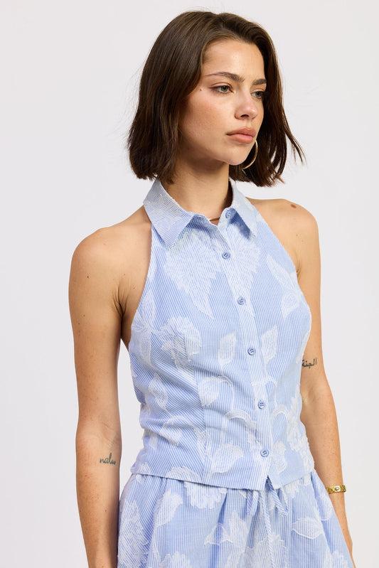 Anastasia Top in Blue Stripe Jacquard view 2 - Anastasia Topaz