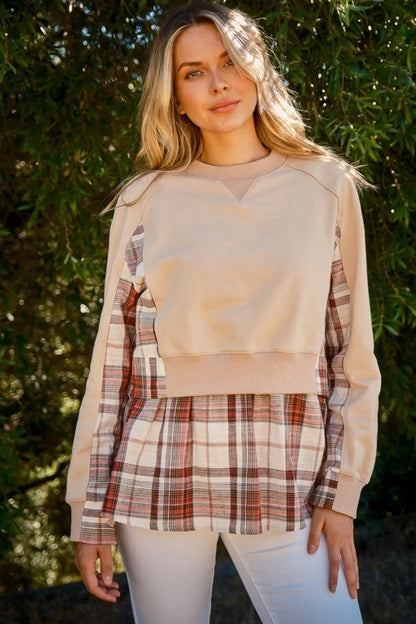 And the Why Full Size Double Layered Plaid Contrast Sweatshirt in Taupe (top)