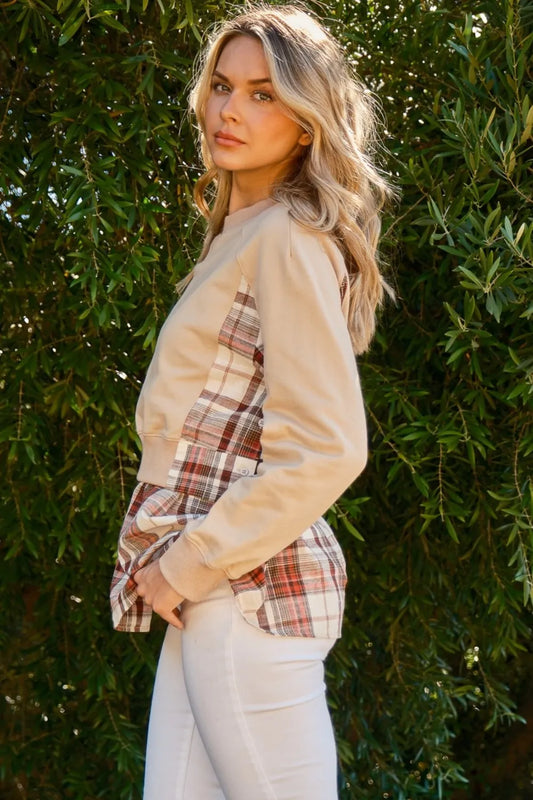 And the Why Full Size Double Layered Plaid Contrast Sweatshirt in Taupe view 2 (top)