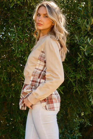 And the Why Full Size Double Layered Plaid Contrast Sweatshirt - MeeeShop Women's Fashion