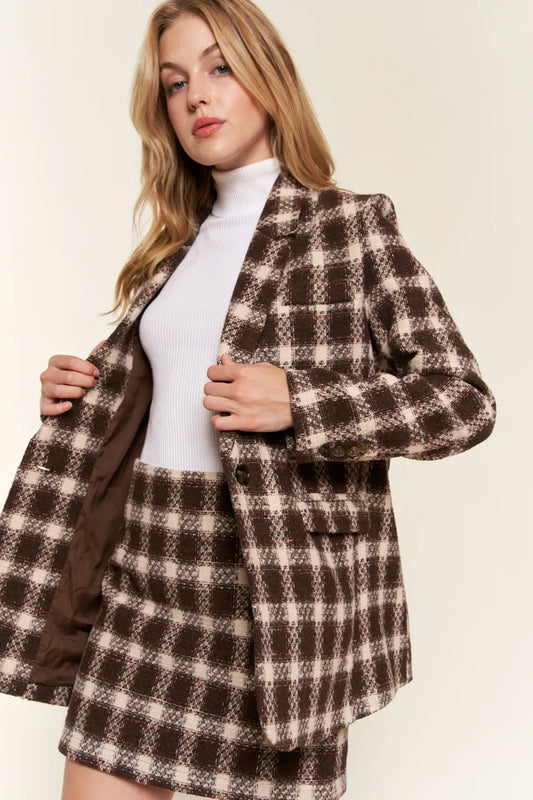 And the Why Full Size Plaid Brushed One Button Blazer in Brown - Casual Office Outfit (layer)