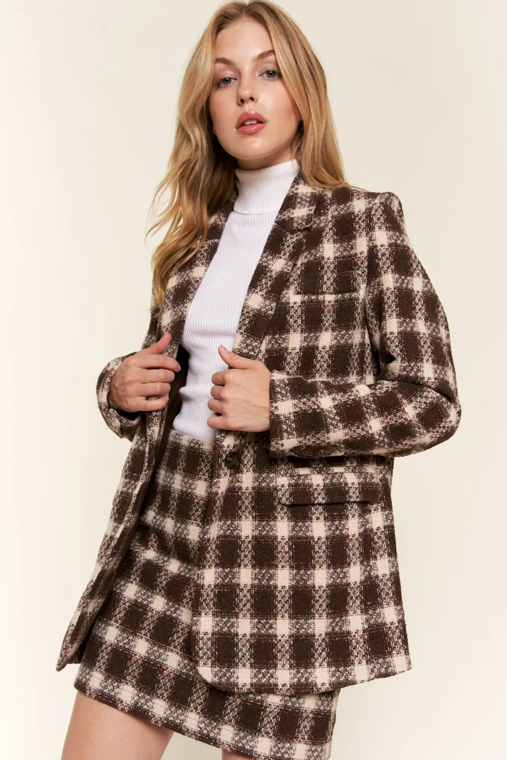 And the Why Full Size Plaid Brushed One Button Blazer in Brown view 2 - Casual Office Outfit (layer)