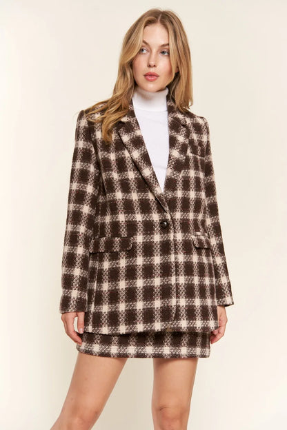 And the Why Full Size Plaid Brushed One Button Blazer in Brown view 3 - Casual Office Outfit (layer)